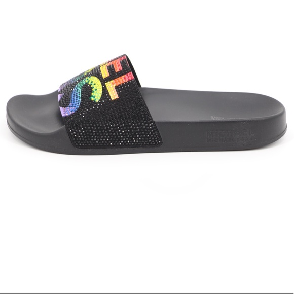 Michael Kors 6 Gilmore Embellished Slide Sandals Black Multi - Picture 13 of 16